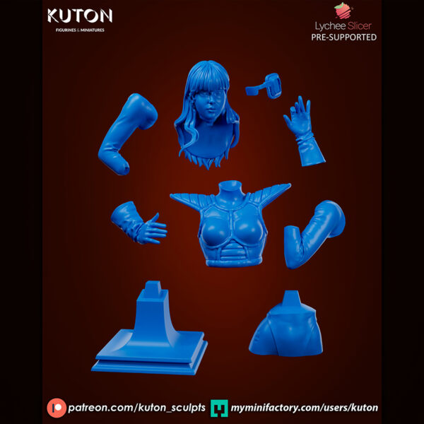 Radzella resin print by Kuton Sculpts with sci-fi armor suit and visor detail on a rocky display base