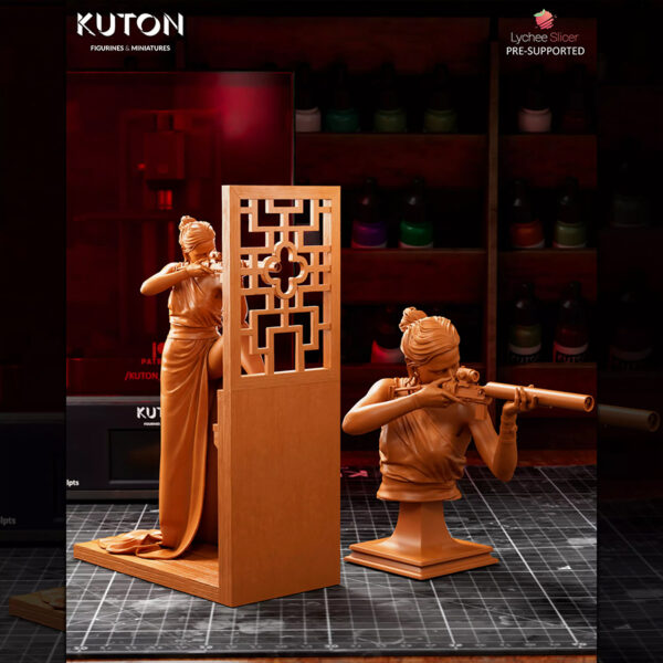 Ilsa Faust resin print by Kuton Sculpts in an elegant dress aiming a rifle, available as 1/10 scale figure or 1/9 scale bust