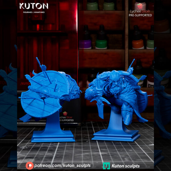 Draven by Kuton Sculpts, 1/10 scale resin print warrior crouched on a rocky base with sword, cloak, and ram skull trophy