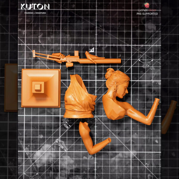 Ilsa Faust resin print by Kuton Sculpts in an elegant dress aiming a rifle, available as 1/10 scale figure or 1/9 scale bust