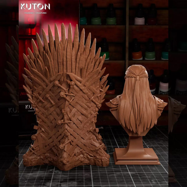 Rhaenyra resin print by Kuton Sculpts seated on an ornate throne, available as a 1/10 scale vignette or 1/9 scale bust