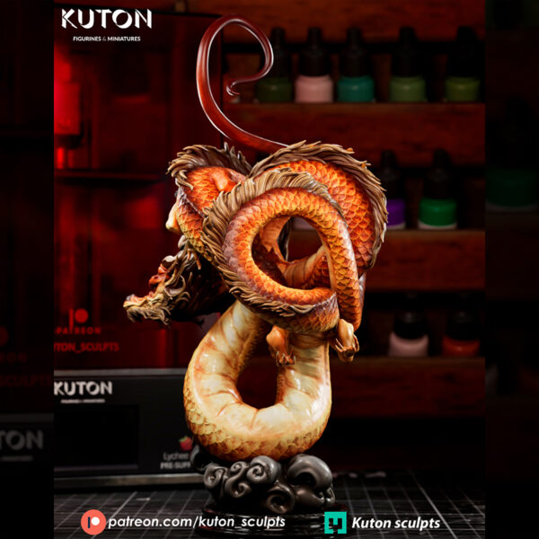 Ember Rider resin print by Kuton Sculpts, 1/9 scale fantasy dragon and rider statue on a rocky base