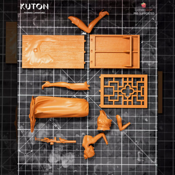 Ilsa Faust resin print by Kuton Sculpts in an elegant dress aiming a rifle, available as 1/10 scale figure or 1/9 scale bust