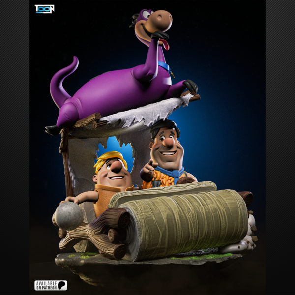 Flintstones 1/6 scale resin vignette by Toon Studios with Fred and Barney in the car and Dino on top (size comparison image)