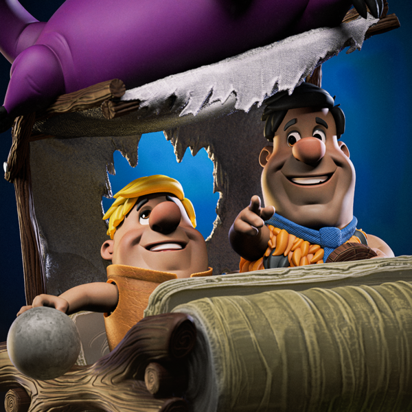 Flintstones 1/6 scale resin vignette by Toon Studios with Fred and Barney in the car and Dino on top (size comparison image)