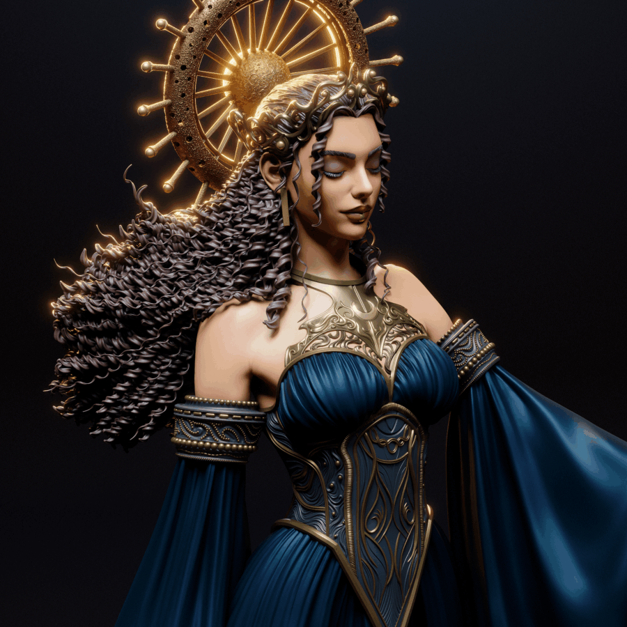 Nyx - Goddess of the Night resin print by CA3D, blue robed goddess figure with ornate gold halo crown on swirling cloud base