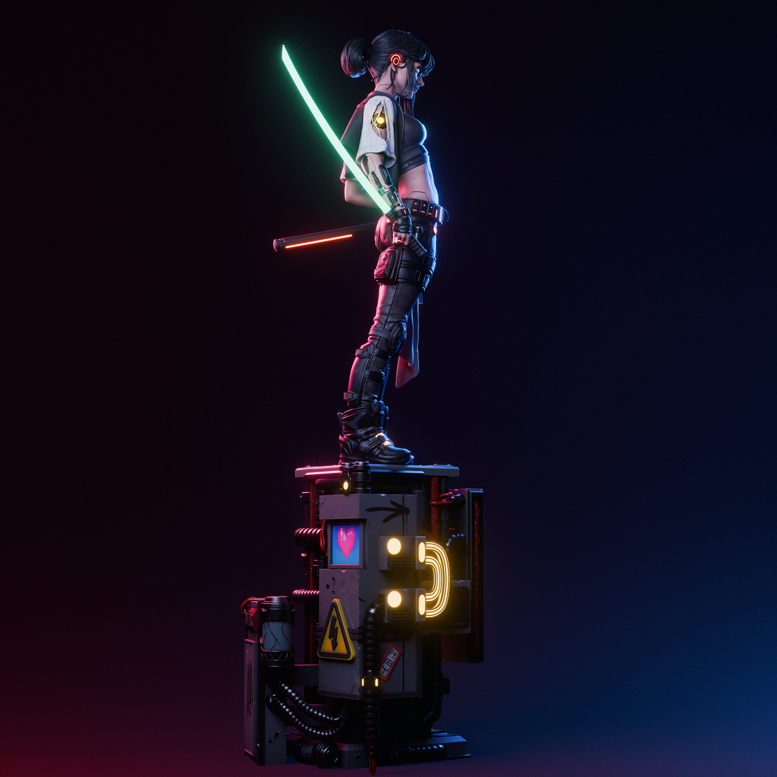 3D printed Cyber Samurai figure or bust by CA3D, resin cyberpunk warrior statue with glowing sword, cybernetic arm, tactical outfit, and tall techno-industrial base